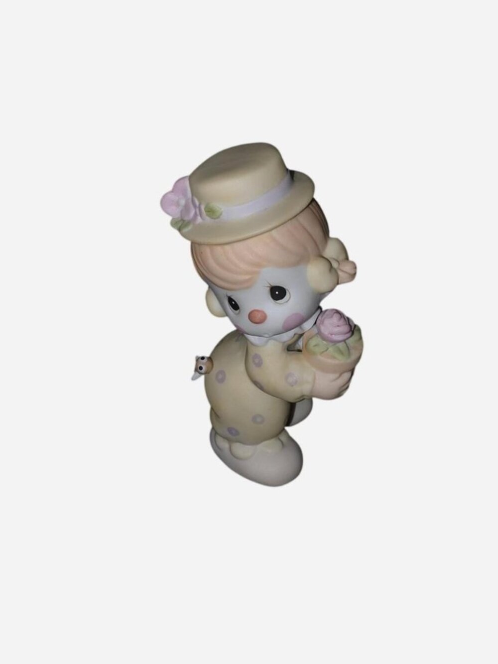 Precious Moments 1984 vintage clown figurine of a child in a hat holding a rose